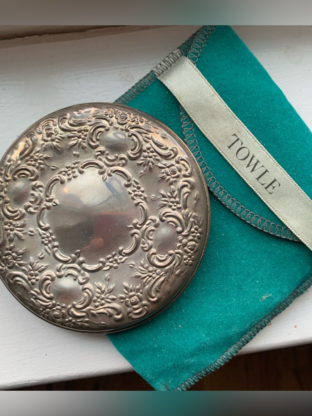 Vintage 80s Towle Sterling Silver Ornate Compact Mirror with Teal Pouch